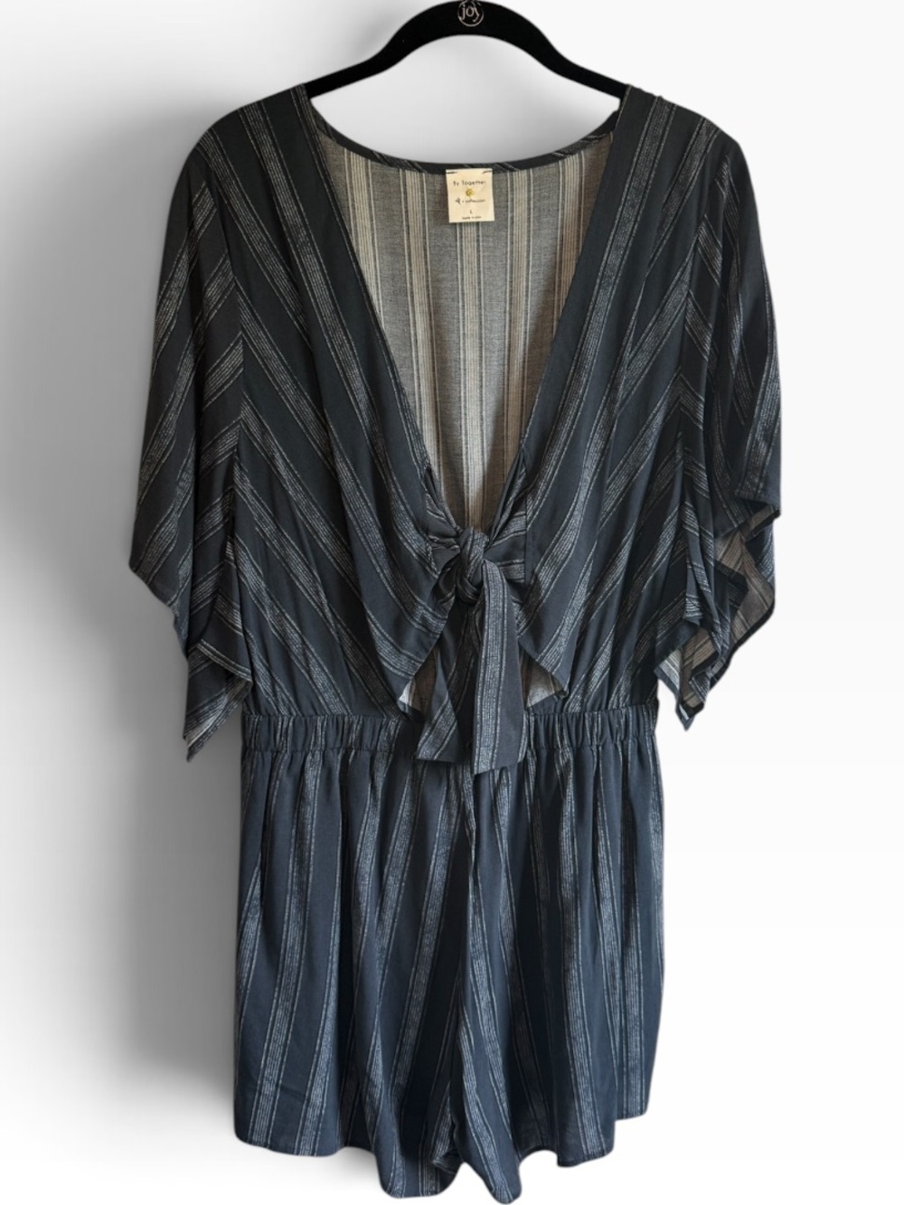 By Together L Striped Tie Front Romper Kimono Sleeve Boho Charcoal